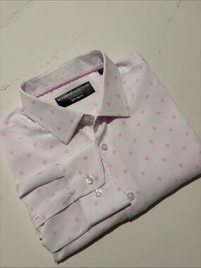Report Collection White Dress Shirt with Pink Motif Lightweight Large 16.5